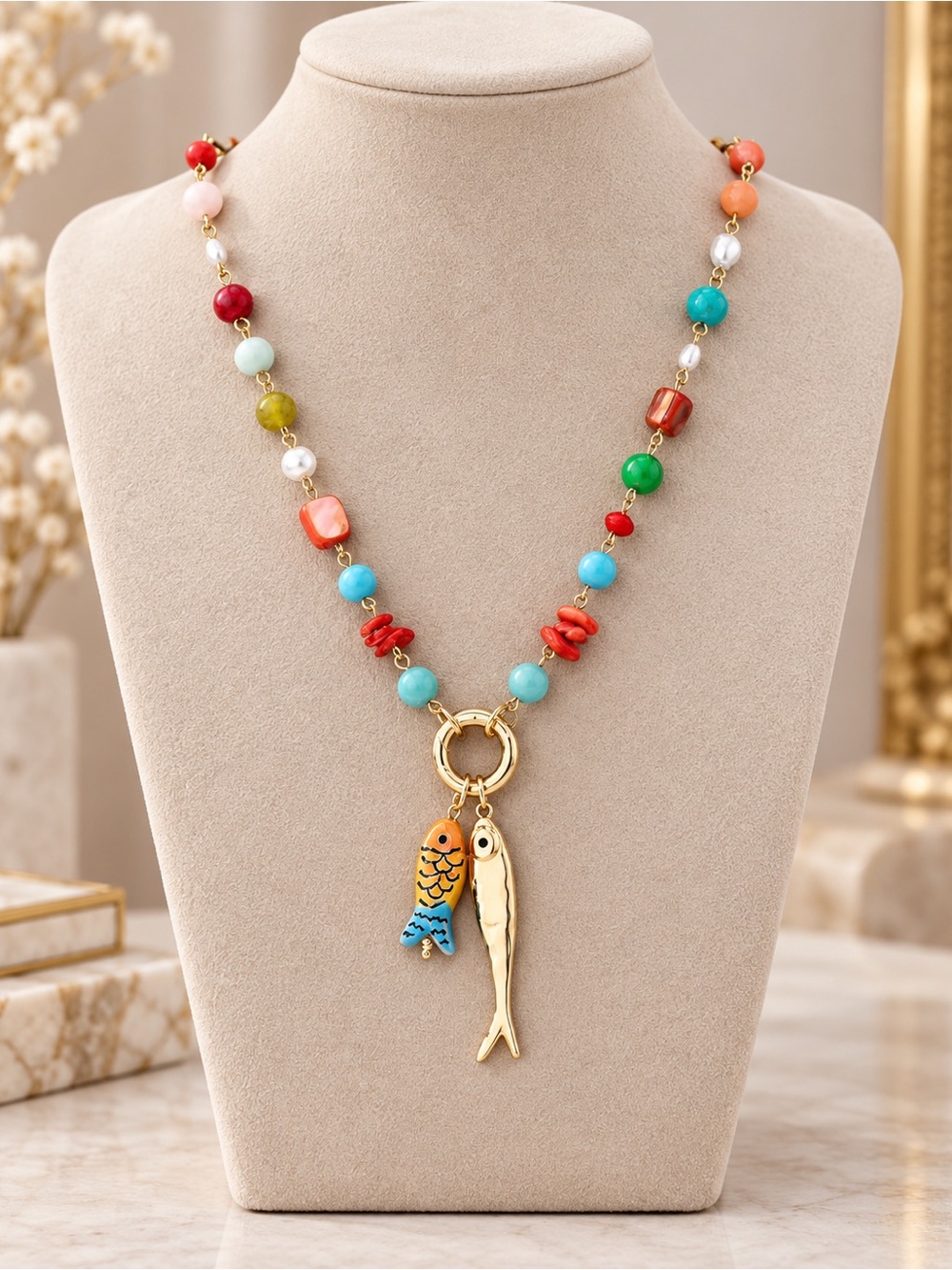 Gold Fish Charm Multicolor Beaded Necklace women’s jewelry